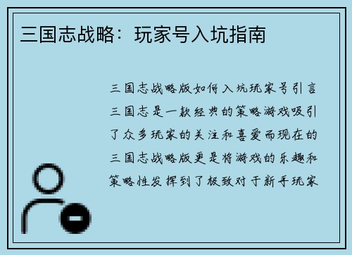 三国志战略：玩家号入坑指南